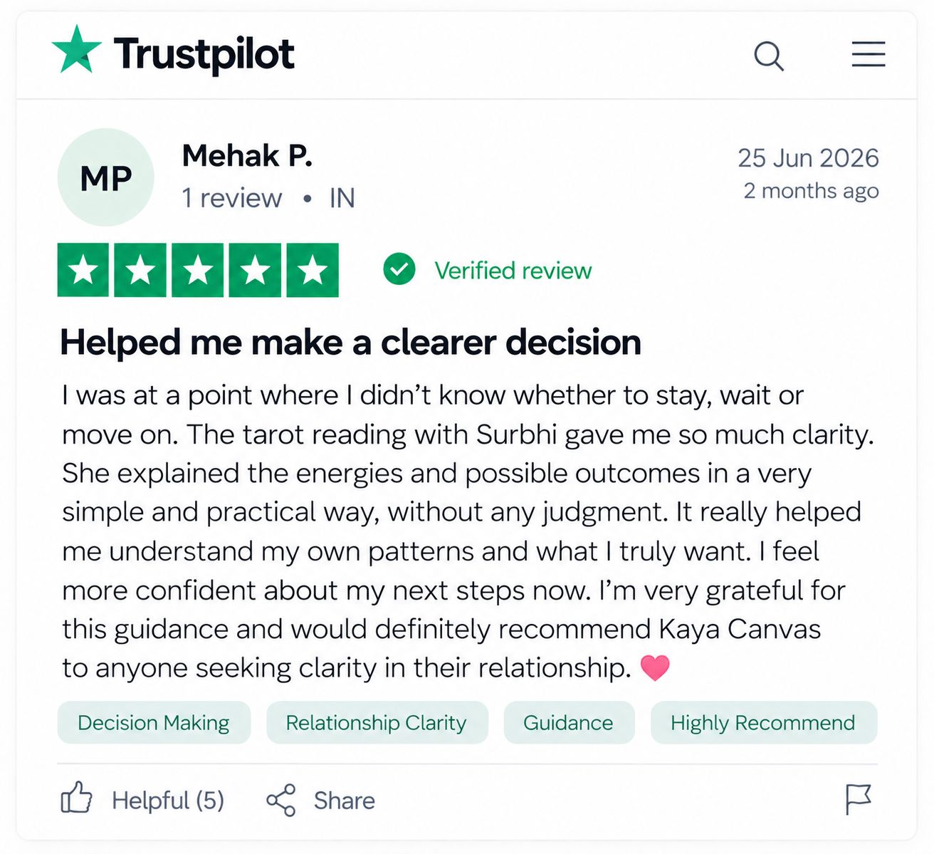 Trustpilot review from Mehak P.